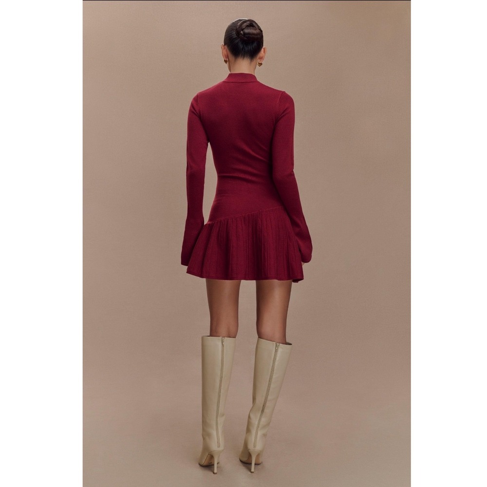 MESHKI Blair Long Sleeve Knit Pleated Mini Dress Burgundy - Size S / NWOT - Picture 4 of 9